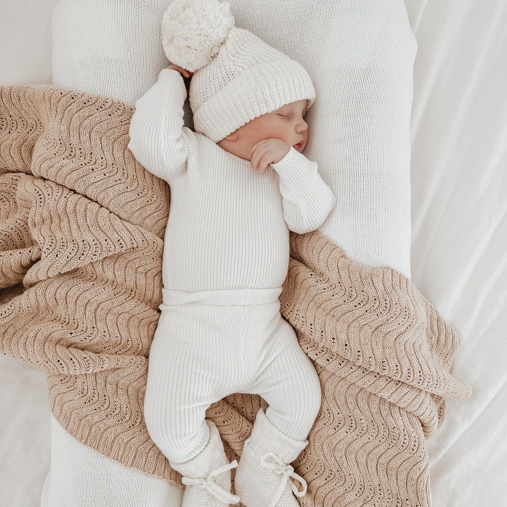 
                  
                    Ziggy Lou Ribbed bodysuit beanie and booties in milk
                  
                