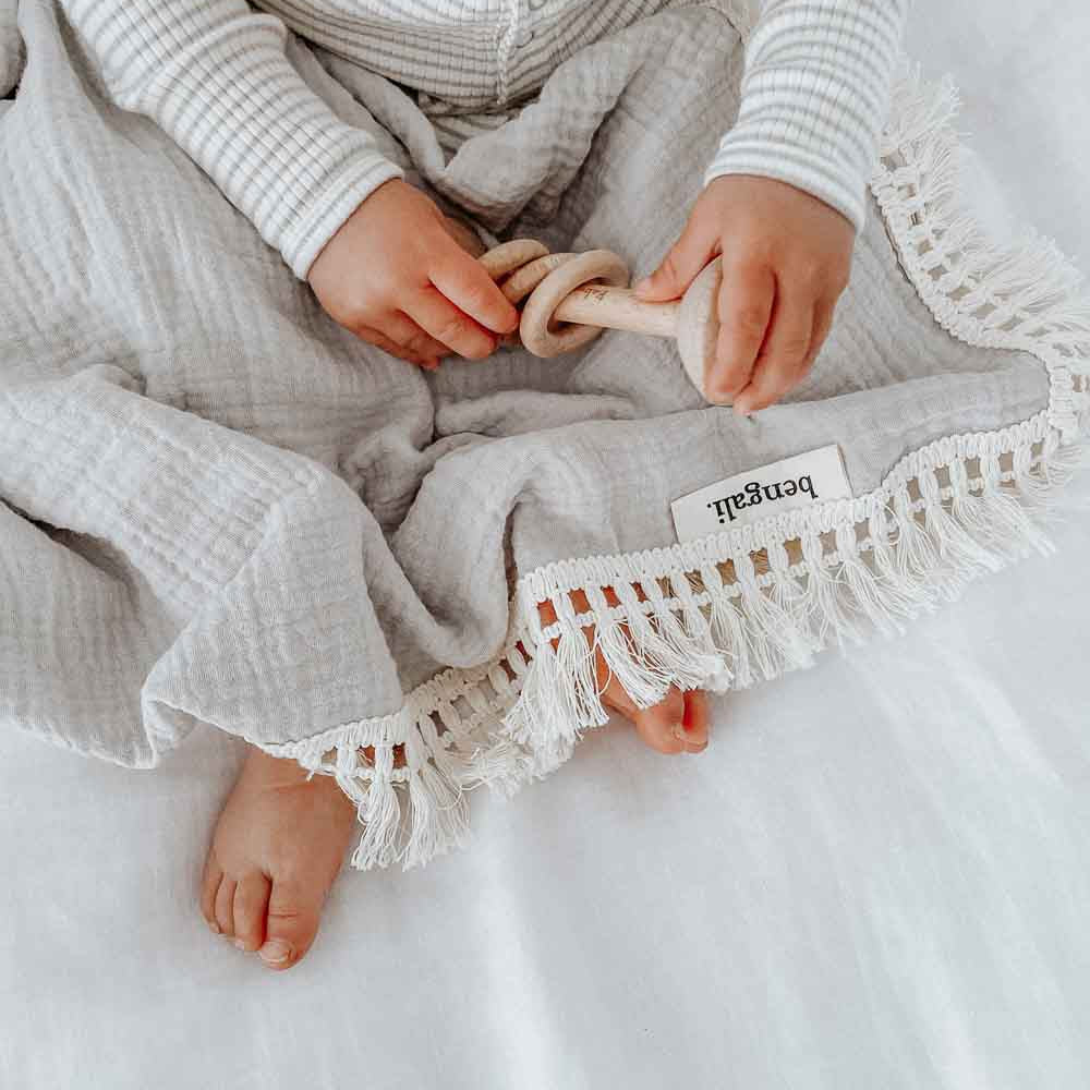 Soft Breathable Muslin Fringe Swaddle in Mist