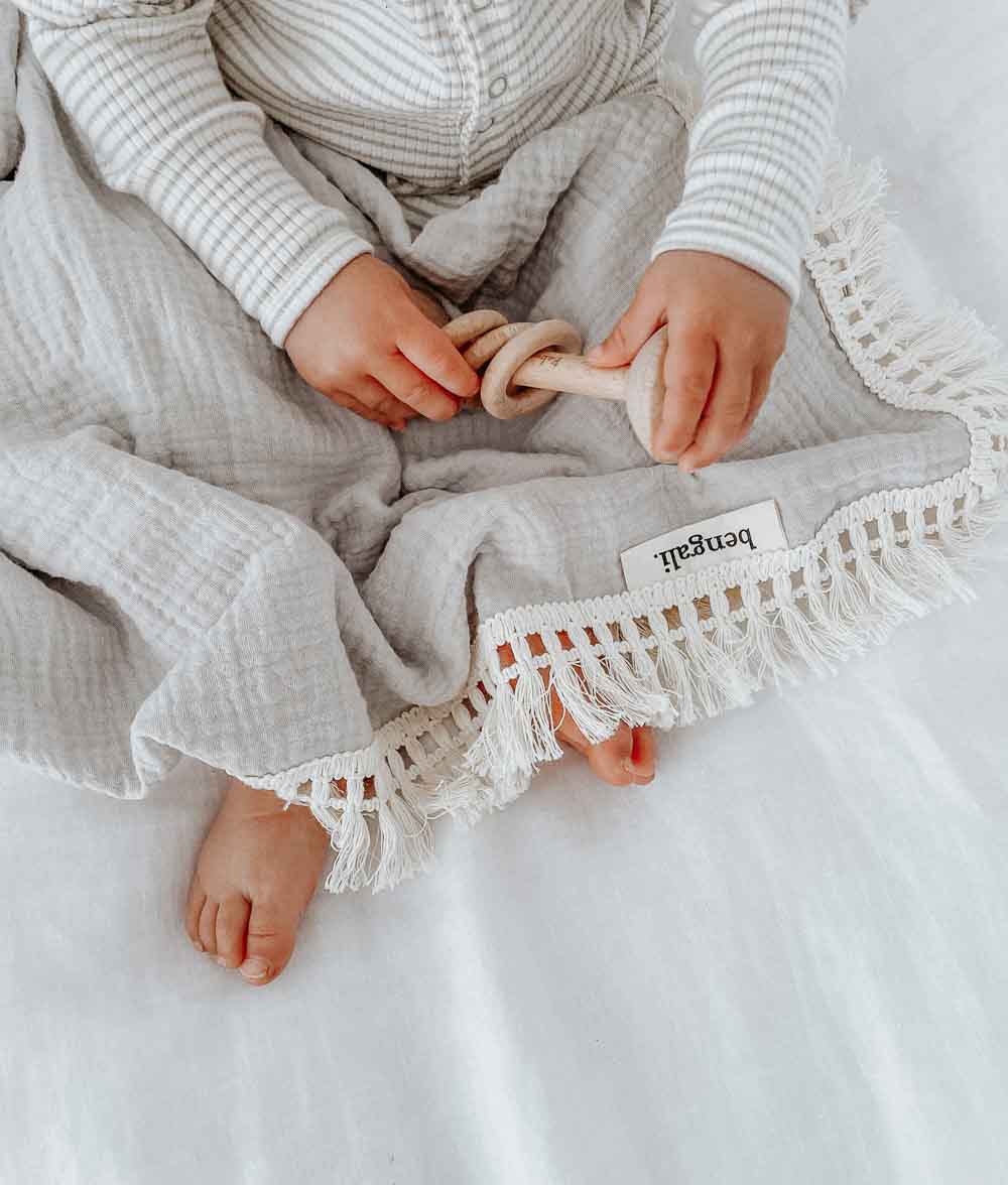 Soft Breathable Muslin Fringe Swaddle in Mist