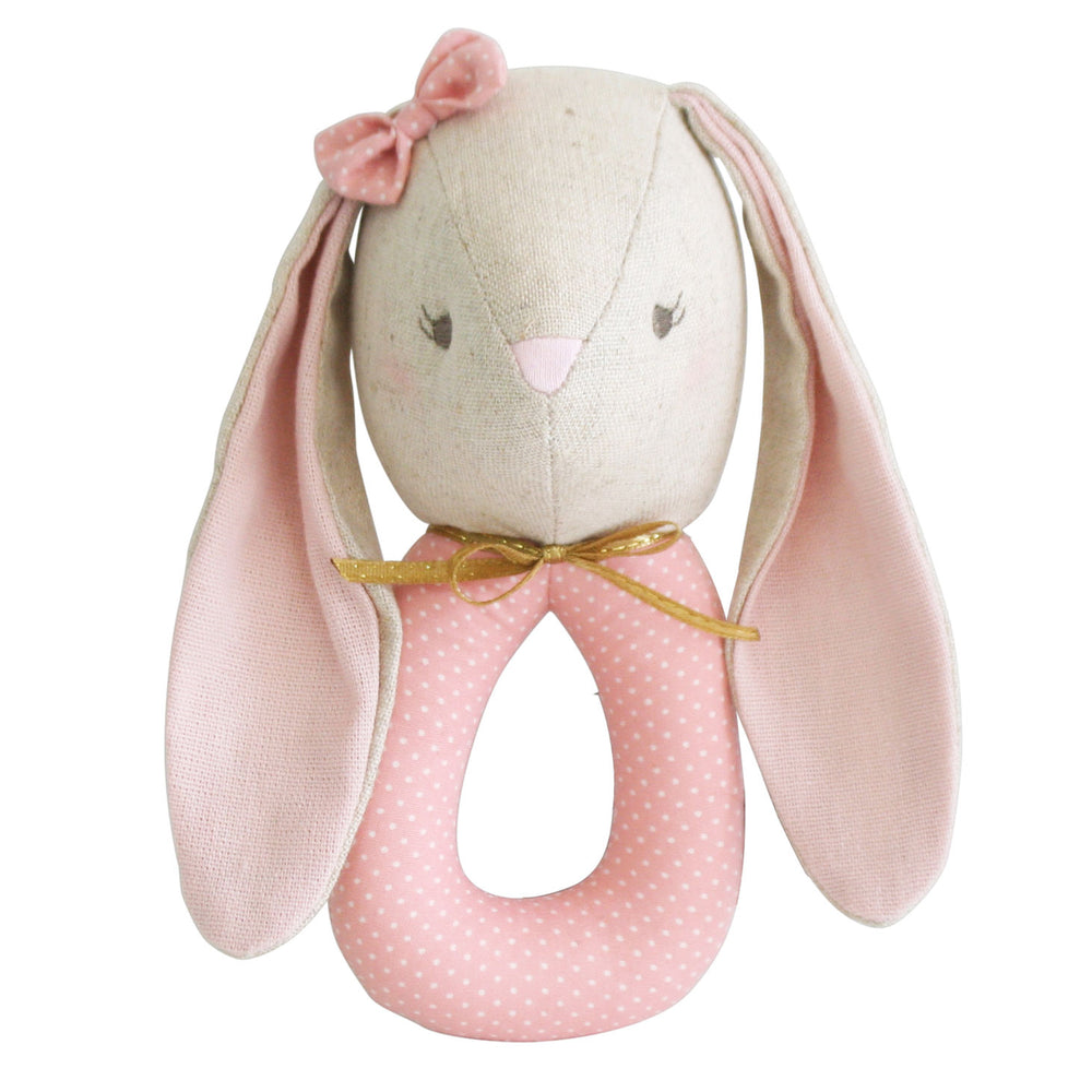 Baby rattle with pink bunny head with pink ears and pink bow