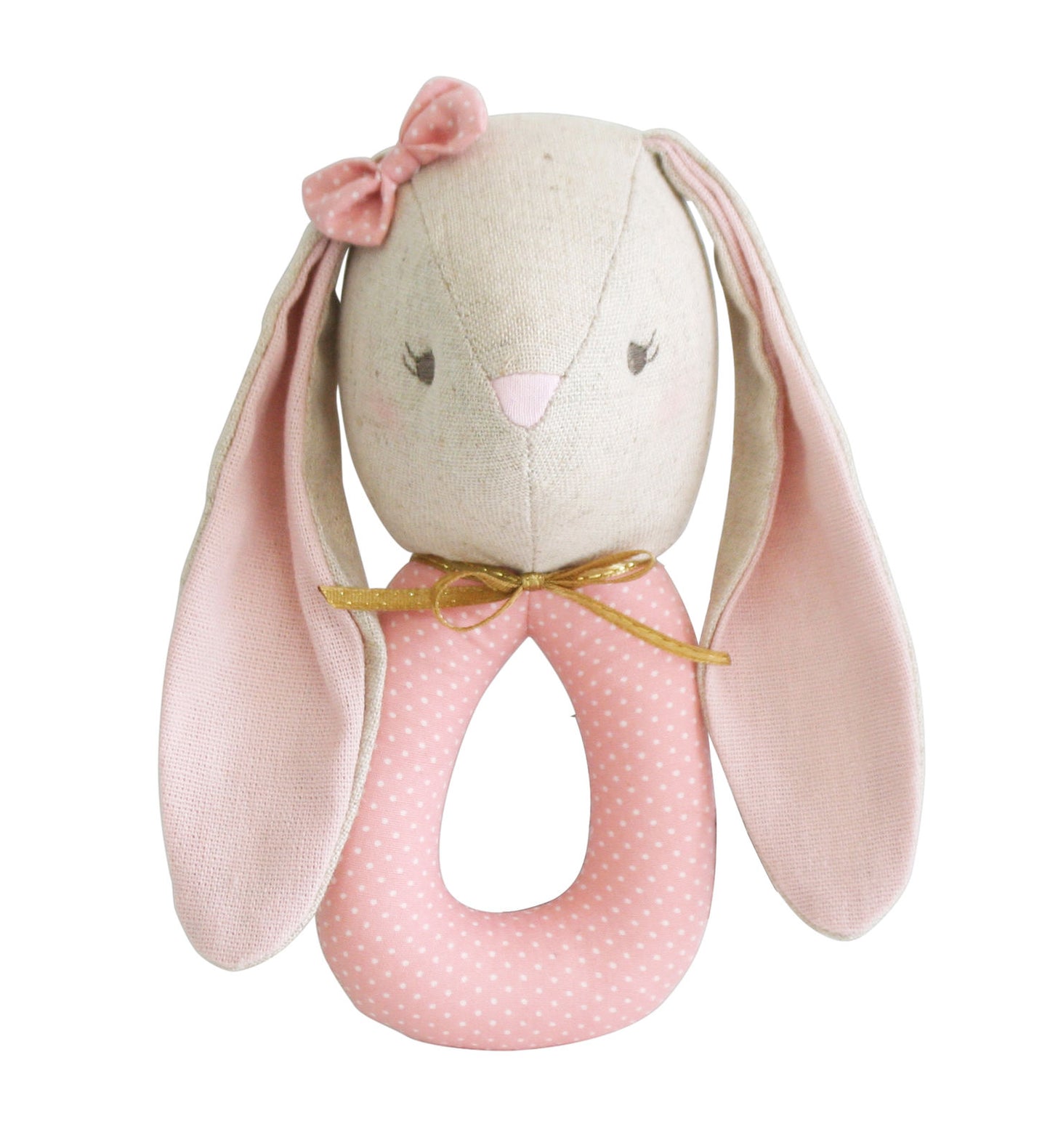 Baby rattle with pink bunny head with pink ears and pink bow