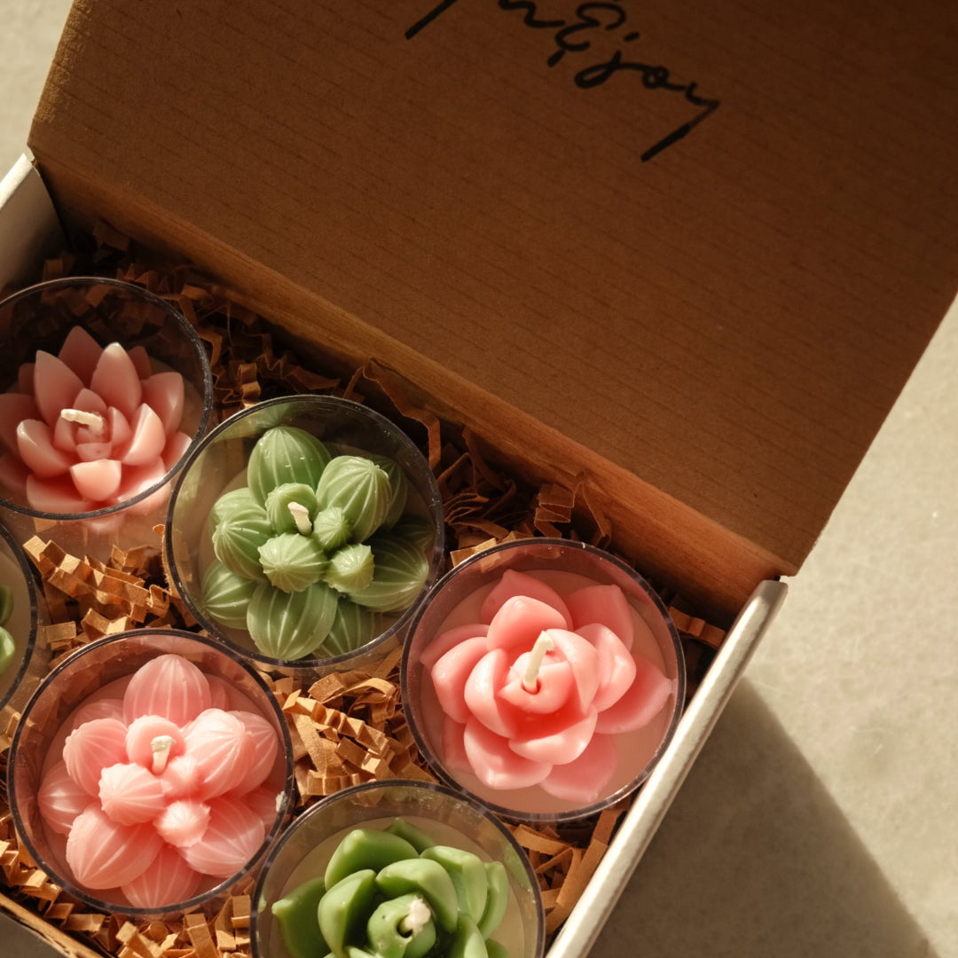 Faith + Joy Self Care Gift Pink Succulent tea light candle (Sweet pea + Vanilla)
